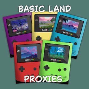 May include: Five handheld gaming devices in various colours, each showing a different landscape. The devices are purple, yellow, blue, red, and green. The image includes the text "BASIC LAND" and "PROXIES".