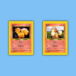May include: Two rectangular trading cards with yellow borders and red backgrounds. The left card features a yellow fox-like creature, 50 HP, and text describing a Fox Pokémon. The right card shows a yellow and brown puppy-like creature, 60 HP, and text.