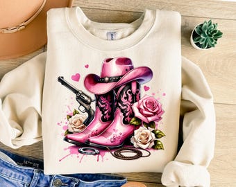 Pink Cowgirl Boots Hat PNG | Western Rodeo Sublimation Clipart | Country Girl Gun & Roses Watercolor | Southern Boho Digital Download