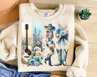 Western Cowgirl Aesthetic PNG, Tattooed Pin-Up Girl Clipart, Blue Country Boots & Guitar Watercolor, Floral Southern Boho Sublimation