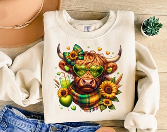 Sunflower Highland Cow T-Shirt Design, Cute Cow with Green Heart Glasses & Plaid Scarf Sublimation PNG, Sublimation Design, Sweatshirt Png