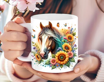 Watercolor Horse with Sunflowers Mug Wrap – 11oz 15oz Sublimation Mug Design – Horse Art PNG Digital Download for Coffee Cup