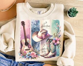 Country Western PNG Sublimation, Floral Guitar, Cowboy Hat & Boots Clipart, Southern Cowgirl Aesthetic Design for T-Shirts and Tumblers