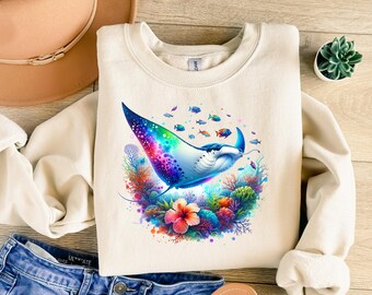 Ocean Stingray T-Shirt Design, Watercolor Sea Life PNG, Beach Vibes Marine Animal Sublimation for Coastal Shirts, T-Shirt Design Png