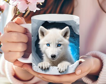 Sad White Winter Wolf Mug Wrap PNG, 3D Mug Wrap Design, Hole in the Wall Sublimation PNG for 11oz & 15oz Mugs, Instant Digital Download