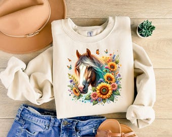 Watercolor Horse PNG with Sunflowers, Floral Horse Sublimation Design for T-Shirts, Digital Download Western Shirt Art, Trendy Animal Print