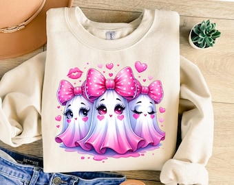 Cute Valentine Ghost PNG, Kawaii Pink Bow Ghosts with Hearts, Trendy Sublimation Design for T-Shirts, Tumblers Stickers, Love Ghost Clipart