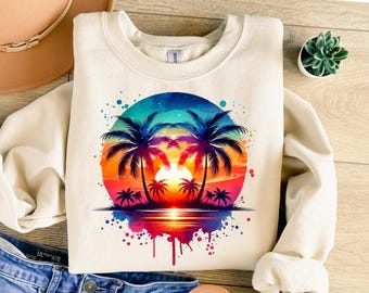 Colorful Summer Beach PNG, Neon Palm Tree Sunset Sublimation Design, Retro Tropical Clipart for TShirt Sweatshirt Printing, Instant Download