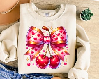 Cherries & Heart PNG, Retro Flirty Sublimation Design with Bow Polka Dots, Trendy PNG for TShirt Sweatshirt, Vintage Love Design