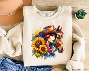 Girl and Horse T-Shirt for Women - Sunflower Cowgirl Shirt, Country Western Horse Lover Tee, Rustic Ranch Style Sweatshirt Design