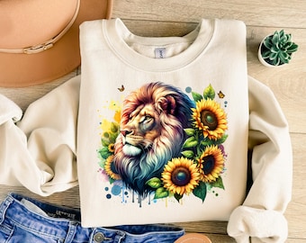 Watercolor Lion T-Shirt Design Floral Lion with Butterflies Sublimation PNG for Shirts & Sweatshirts Trendy Animal Apparel