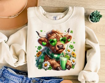 St. Patrick’s Day T-Shirt Women - Cute Funny Irish Highland Cow Tee with Shamrocks, Green Drink & Heart Glasses, Trendy Sublimation Design