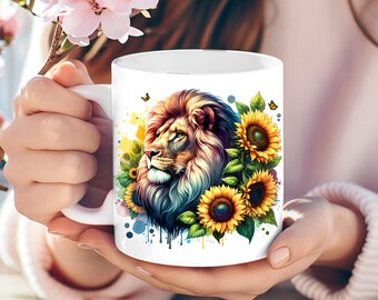 Watercolor Lion PNG with Flowers & Butterflies, Animal Sublimation Design for Mugs and Sweatshirts, Trendy Clipart, Digital Download