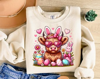 Baby Highland Cow PNG with Colorful Easter Eggs and Flowers, Cute Spring Sublimation Design, T-Shirt & Sweatshirt Digital Download