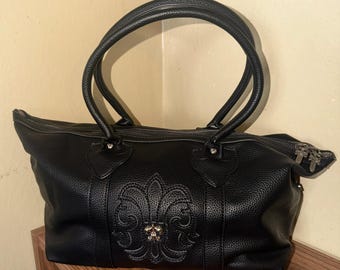 Black Leather cross flower hand bag w/ dagger zipper