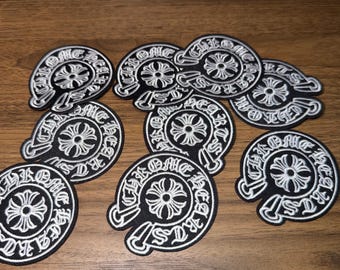 Black embroidered patch with white words for DIY crafts, iron-on, clothing - Chrome hearts inspired