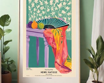 Kleurrijke poster in Matisse-stijl: fruitscène, matte afwerking, kunst aan de muur thuis, keukendecor