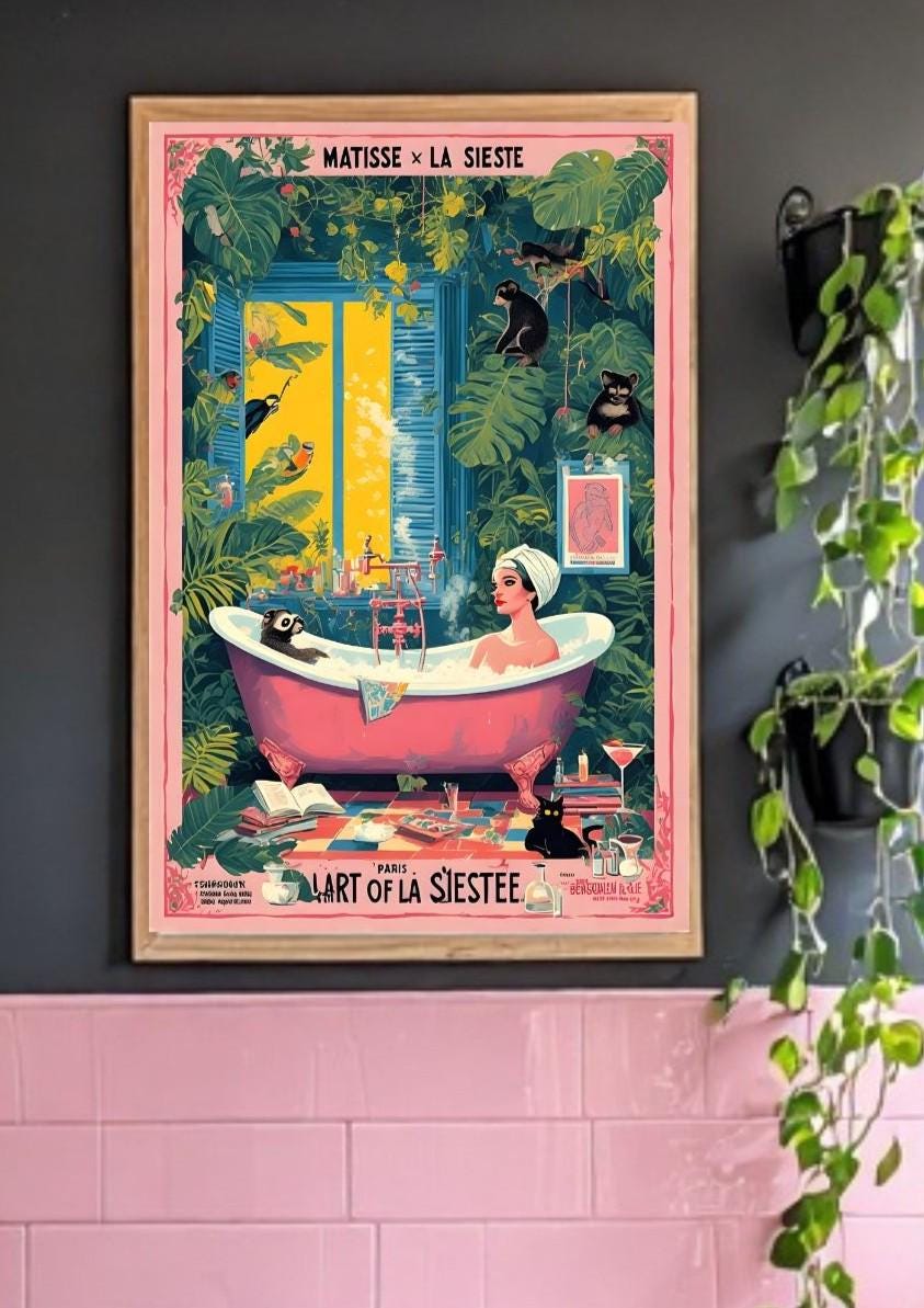 Franse glamoureuze vrouw Art Print voor maximalist boho Home Decor - levendige op Matisse la Sieste geïnspireerde poster