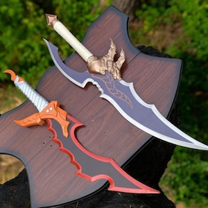 May include: Two fantasy swords with ornate designs. One sword has a purple blade with gold accents and a white handle. The other sword has a black blade with red trim and an orange handle. Both are displayed on a wooden shield.