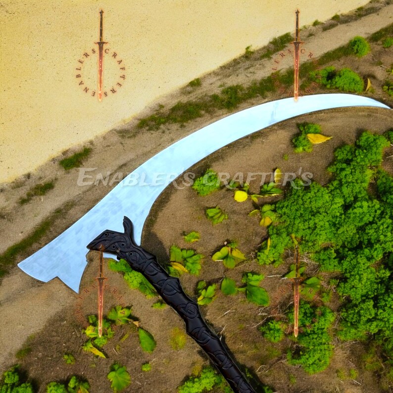 May include: A fantasy-themed image featuring a large scythe with a black handle and a silver blade. The image also includes several decorative swords and the text "ENABLERS CRAFTER'S". The scene is set in a miniature landscape with greenery.