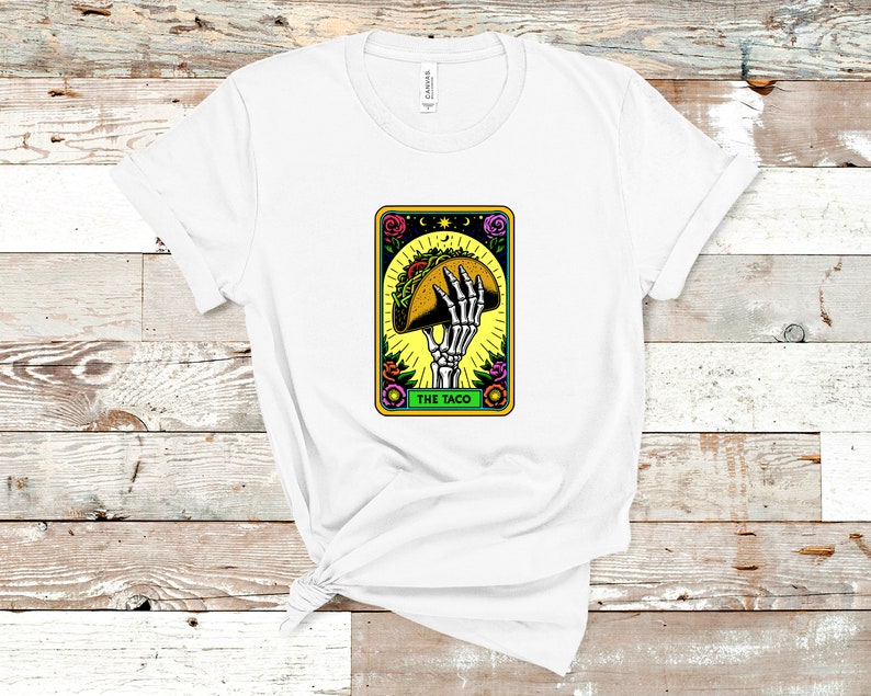 Chemise tacos, squelette mangeant des tacos, chemise cartes de tarot drôles, mardi tacos, cuisine mexicaine, t-shirt fin gourmet, t-shirt unisexe tendance, t-shirt graphique coloré image 6