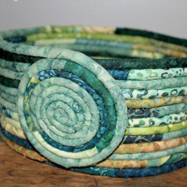 OOAK Oval Fabric Wrapped Coiled Basket Vibrant Greens Blues and Tans Table Decor