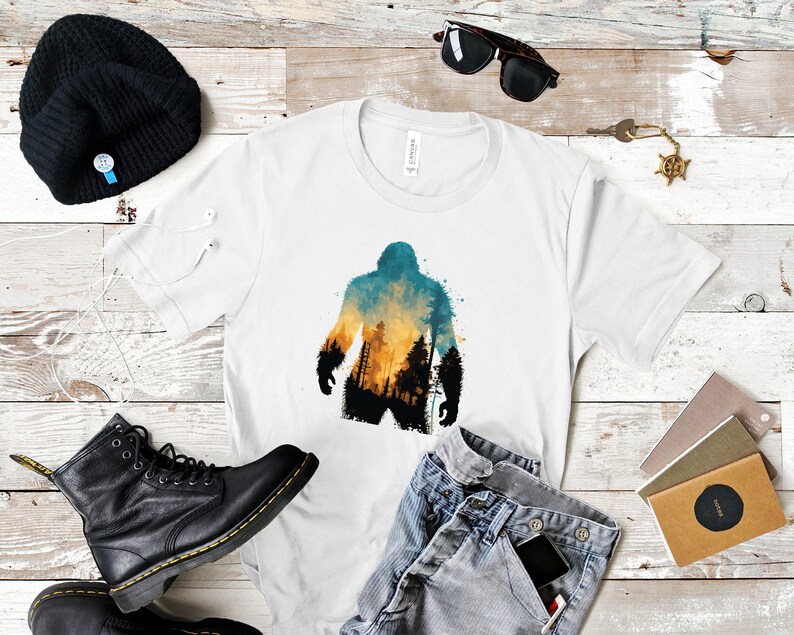 Colorful Bigfoot Tee, Sasquatch, Wilderness, Forest Tee, Pacific Northwest, Mountains, Watercolor Tee, Summer Tee, Nature Tshirt, Mens Tee image 2