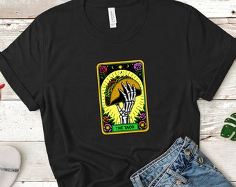 Taco Shirt, Skeleton Eating Taco, Funny Tarot Card Shirt, Taco Tuesday, Mexican Food, Foodie Tshirt, Trendy Unisex Tee, Colorful Graphic Tee