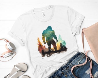 Sasquatch In The Forest Tee, Bigfoot Silhouette, Alaska, Wilderness, Yeti Tee, Pacific Northwest, Outdoors, Watercolor Tee, Autumn Colors