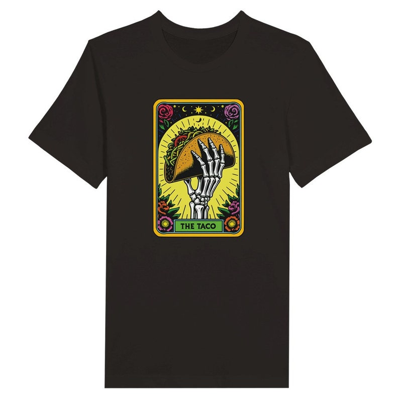 Chemise tacos, squelette mangeant des tacos, chemise cartes de tarot drôles, mardi tacos, cuisine mexicaine, t-shirt fin gourmet, t-shirt unisexe tendance, t-shirt graphique coloré Black