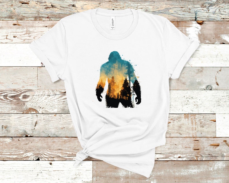 Colorful Bigfoot Tee, Sasquatch, Wilderness, Forest Tee, Pacific Northwest, Mountains, Watercolor Tee, Summer Tee, Nature Tshirt, Mens Tee image 1