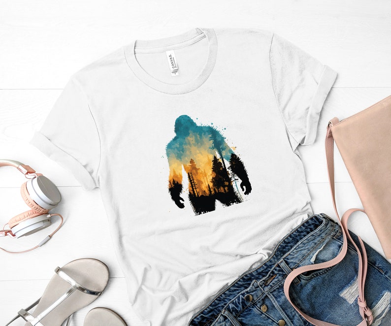 Colorful Bigfoot Tee, Sasquatch, Wilderness, Forest Tee, Pacific Northwest, Mountains, Watercolor Tee, Summer Tee, Nature Tshirt, Mens Tee image 4