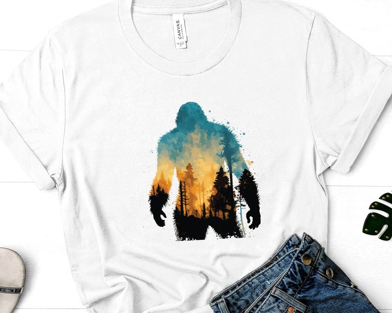 Colorful Bigfoot Tee, Sasquatch, Wilderness, Forest Tee, Pacific Northwest, Mountains, Watercolor Tee, Summer Tee, Nature Tshirt, Mens Tee image 3