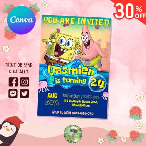 Convite de aniversário editável do SpongeBuddy | Tema divertido de aventura subaquática | Design de festa com bolhas | Modelo digital | Download para impressão