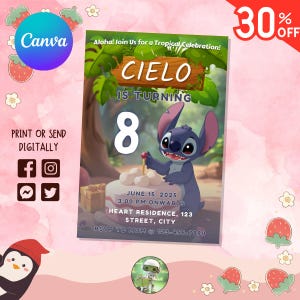 Editable Stitch Birthday Invitation | Cute Blue Alien Party Invite | Disney Cartoon Character | Digital Template | Printable Download |