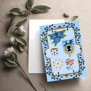 Carte imprimable bleu romantique - camée vintage et aquarelle florale - téléchargement immédiat A5 (150 x 210 mm)