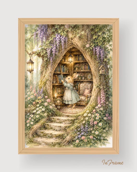 Cottagecore Rabbit Library Art Print, Watercolor Style, A4 300gsm Paper