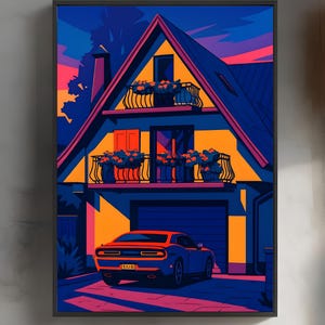 Cyberpunk Red Sports Car & Futuristic House: Neon Urban Night Wall Print | Digital Art