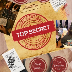 Könnte beinhalten: Ein Bild mit Vintage-Thema, das eine 'Top Secret'-Datei, Dokumente und eine Lupe zeigt. Enthält Text: 'File digitale stampabile', '20+ documenti', '60-90 minuti', und 'I-6 giocatori I4+'.