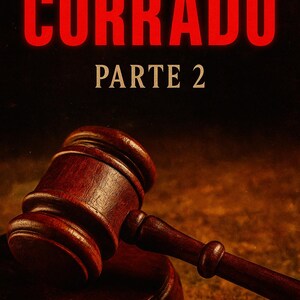 Può includere: Immagine scura con una mazza di legno e testo in italiano. Il titolo "IL TESTAMENTO DI CORRADO PARTE 2" è in rosso. La parte inferiore dell'immagine contiene il testo "L'OSCURITÀ È QUALCOSA CHE TI CHIAMA". L'ambientazione suggerisce un contesto legale o drammatico.