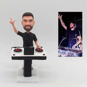 May include: A figurine of a DJ with a raised arm, standing behind a white and black DJ console with red and black details. A photo of a DJ performing is in the background. The figurine is wearing a black shirt.