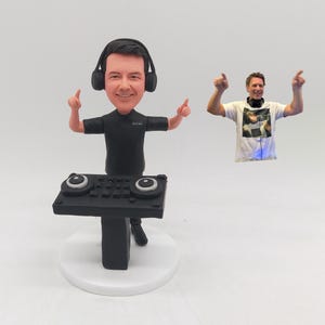 Puede incluir: Una figura cabezona personalizada de un DJ con auriculares negros y camiseta negra, de pie detrás de una consola de DJ negra. La figura tiene ambos brazos levantados con los dedos índices apuntando hacia arriba, sobre una base redonda blanca.