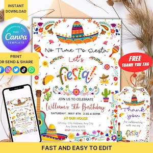 Bewerkbare Fiesta-verjaardagsuitnodiging met gratis bedankkaartje | Mexicaanse feestuitnodiging met papel picado, sombrero en maracas | Digitale download