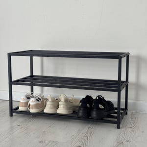 Black Metal Shoe Rack – 3-Tier Industrial Shoe Organizer, Slim Hallway Storage, Entryway Bench Alternative, Custom Gift