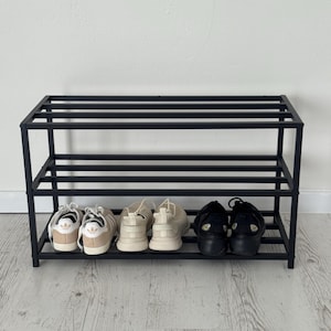 Modern Metal Shoe Rack – 3 Tier Entryway Organizer, Industrial Shoe Shelf, Black Shoe Storage, Custom Hallway Furniture, Housewarming Gift