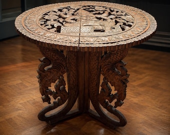 Met de hand gesneden Balinese opklapbare Ganesha-tafel – Vintage Indonesische houten altaartafel, ingewikkelde drakenbasis, spiritueel boho-decor