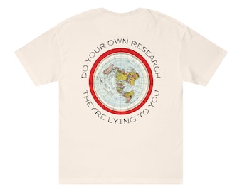 May include: Cream-colored t-shirt with a circular graphic on the back. The graphic features a world map design within a red and white circle, with the text "DO YOUR OWN RESEARCH THEY'RE LYING TO YOU" encircling the map.