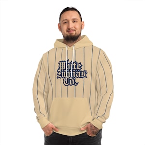 Pinstripe Fleece Hoodie: Tan & Navy Baseball Pullover - Old English Logo
