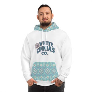 Aztec Print Hoodie, Turquoise Southwestern Pattern Hood & Pocket, Unisex Fleece Pullover, White Zinnias Co. Logo, Gift for Him