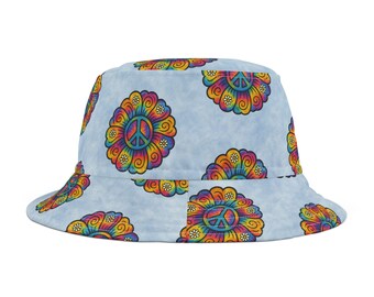 Purple Floral Peace Sign Bucket Hat: Retro Hippie Style  display picture 1
